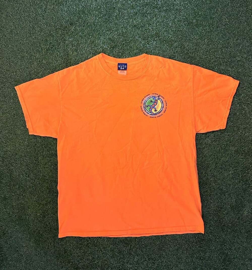 Y2K Blue 84 Cayman Islands Gecko T-Shirt Orange Short Sleeve